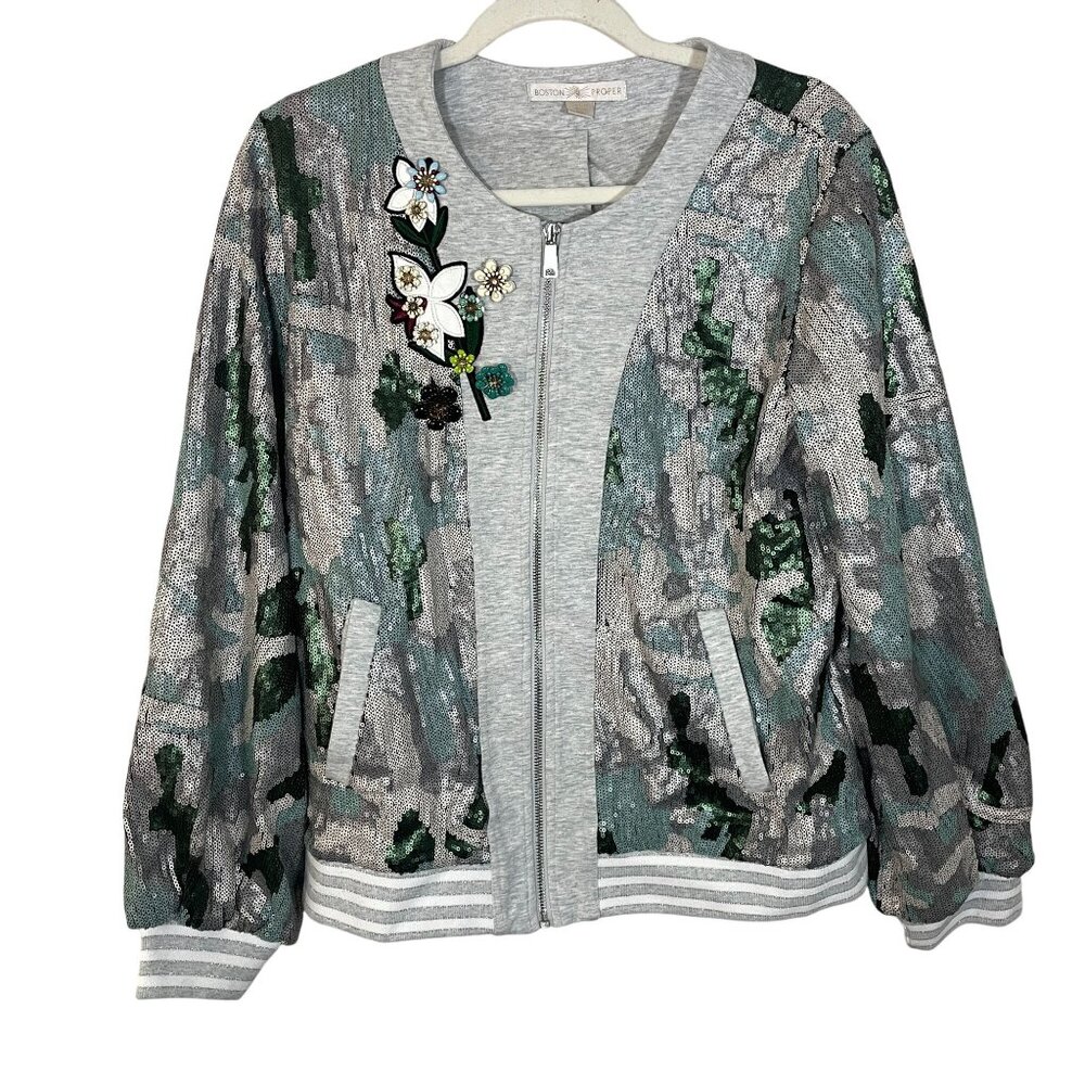 Boston Proper Sequined Embellished Cammo Varsity Jacket Women M